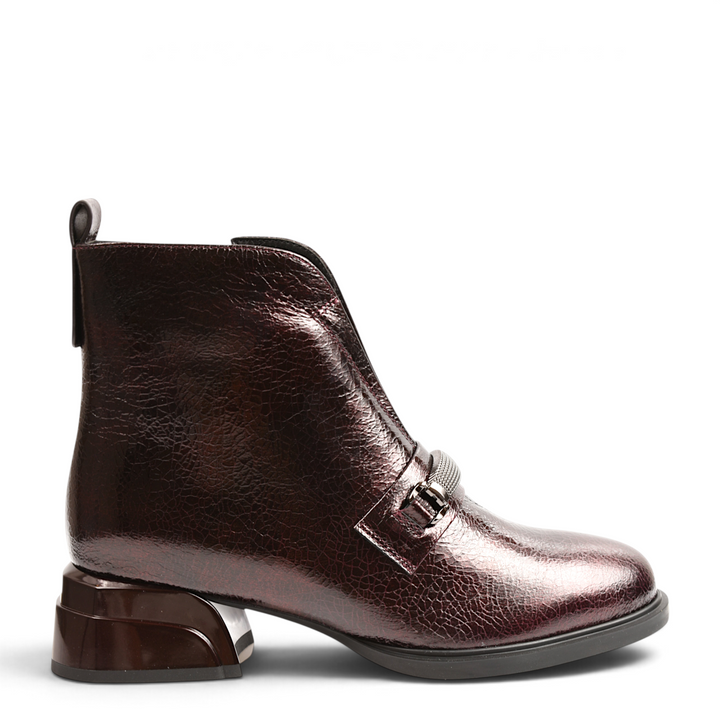 ada-shoes.ro Epica burgundy patent leather ankle boots with a metallic buckle strap and architectural block heel