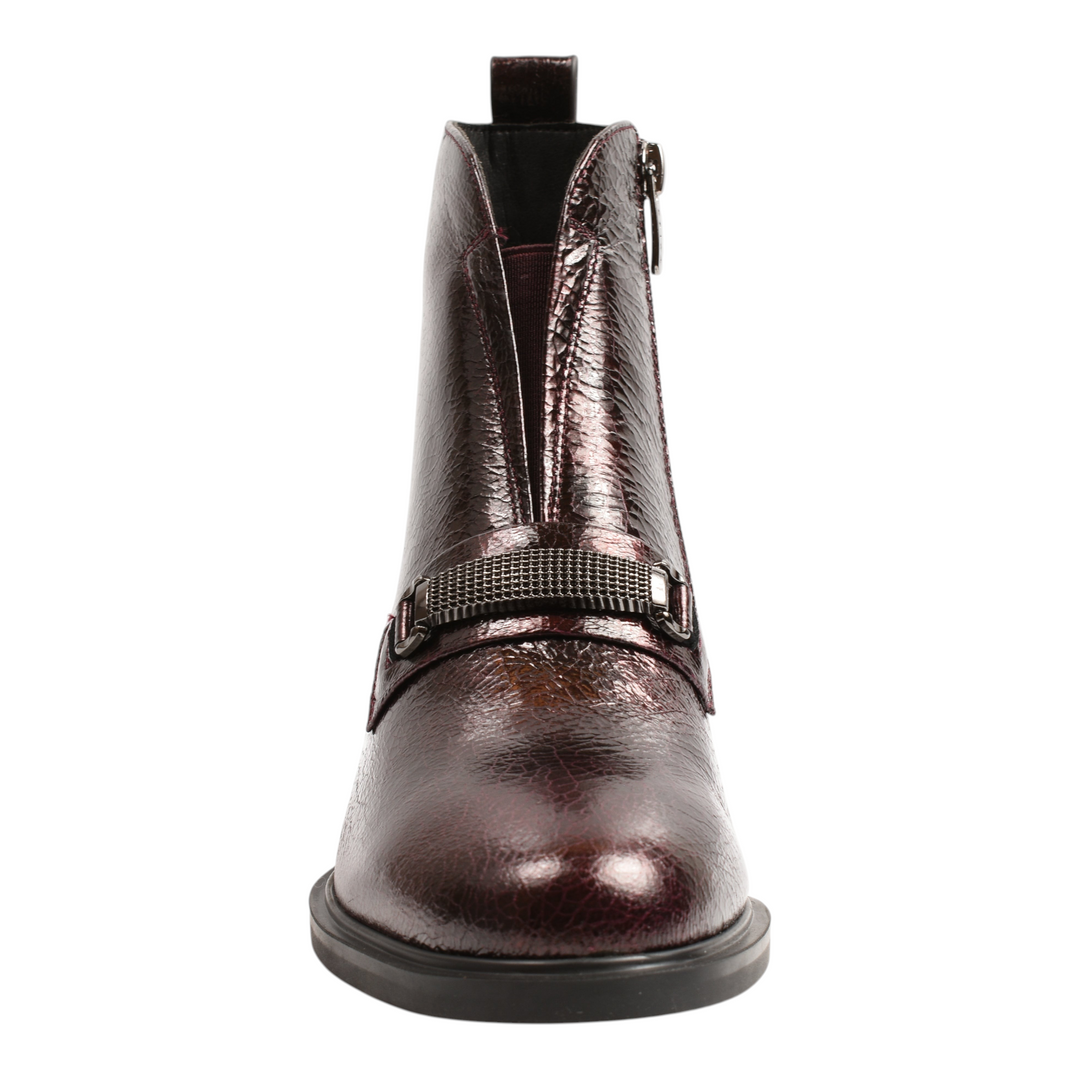 ada-shoes.ro Epica burgundy patent leather ankle boots with a metallic buckle strap and architectural block heel