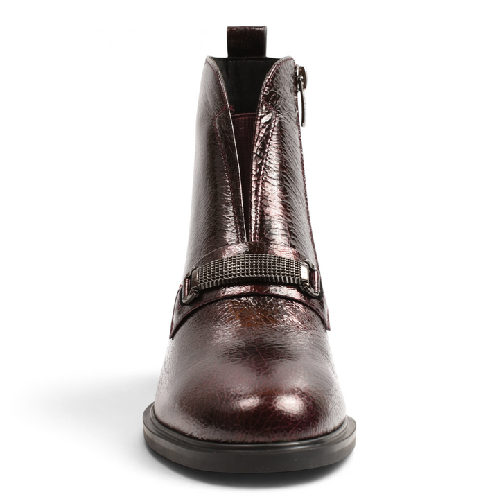 ada-shoes.ro Epica burgundy patent leather ankle boots with a metallic buckle strap and architectural block heel