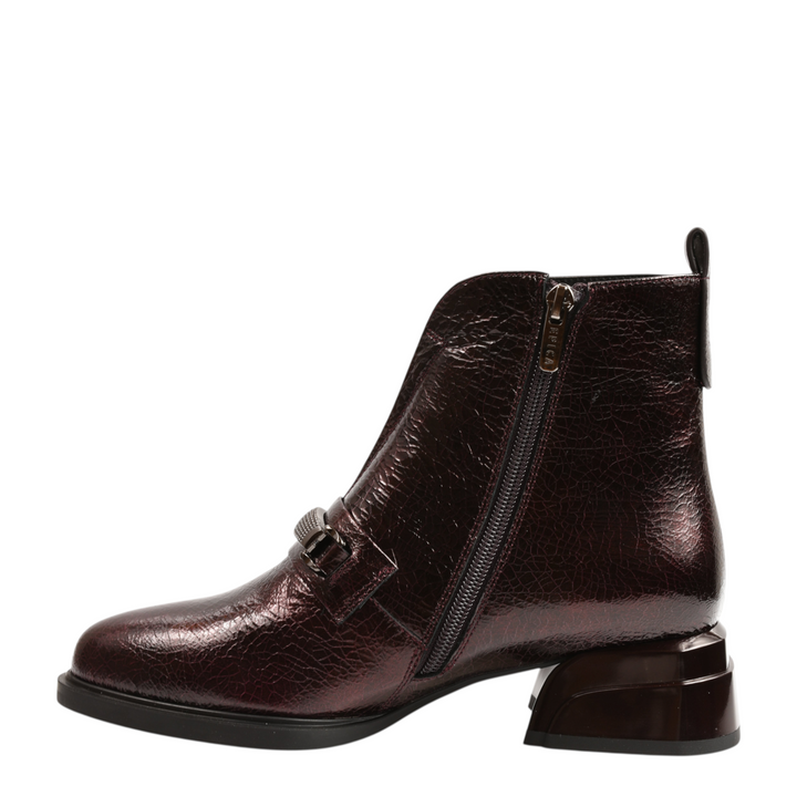 ada-shoes.ro Epica burgundy patent leather ankle boots with a side zipper, buckle strap, and architectural block heel.