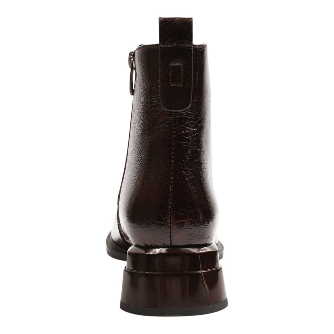 ada-shoes.ro Epica burgundy patent leather ankle boots with a geometric block heel, rear view showing pull-tab.