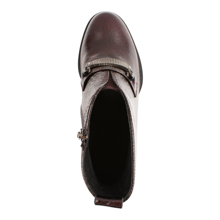 ada-shoes.ro Epica burgundy patent leather ankle boot with a metallic buckle strap and architectural block heel