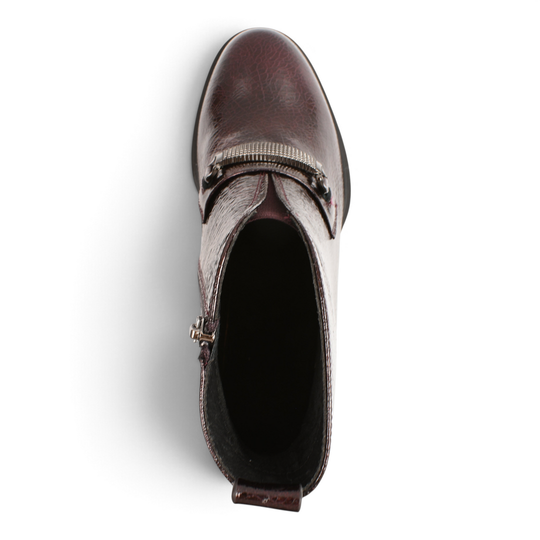 ada-shoes.ro Epica burgundy patent leather ankle boot with a metallic buckle strap and architectural block heel