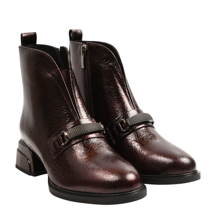 ada-shoes.ro Epica burgundy patent leather ankle boots with a metallic buckle strap and architectural block heel