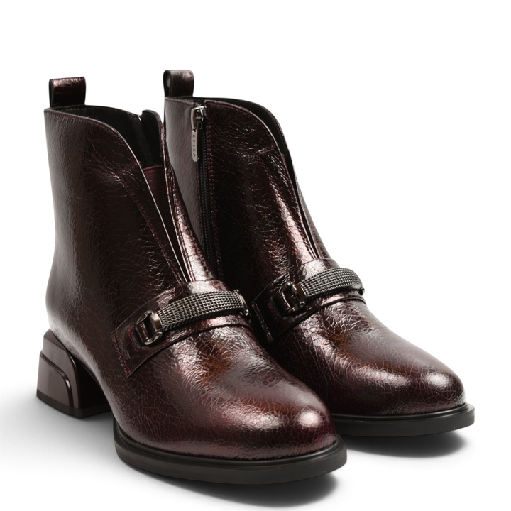 ada-shoes.ro Epica burgundy patent leather ankle boots with a metallic buckle strap and architectural block heel