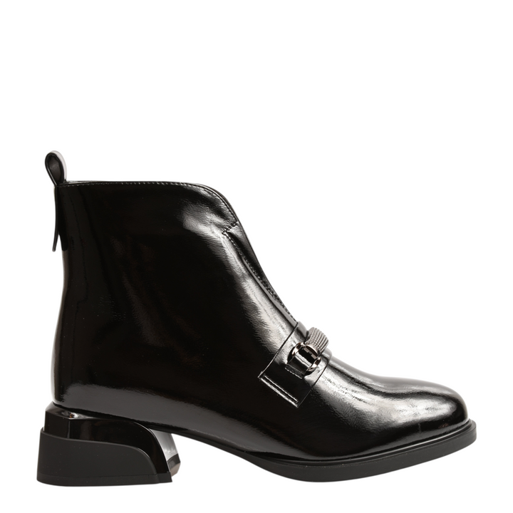ada-shoes.ro Epica black patent leather ankle boots with a decorative gunmetal buckle and geometric block heel.