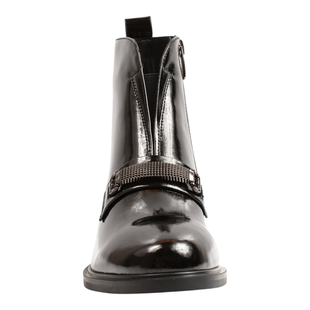 ada-shoes.ro Epica black patent leather ankle boots with a decorative gunmetal buckle strap and architectural block heel.