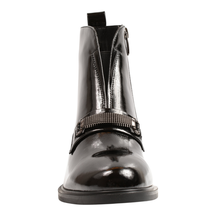 ada-shoes.ro Epica black patent leather ankle boots with a decorative gunmetal buckle strap and architectural block heel.