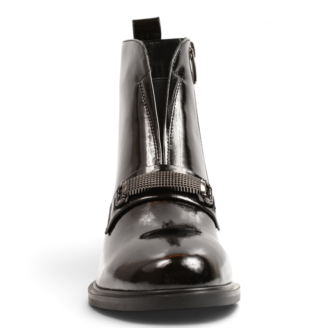 ada-shoes.ro Epica black patent leather ankle boots with a decorative gunmetal buckle strap and architectural block heel.