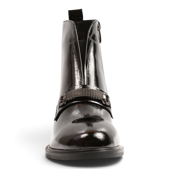 ada-shoes.ro Epica black patent leather ankle boots with a decorative gunmetal buckle strap and architectural block heel.