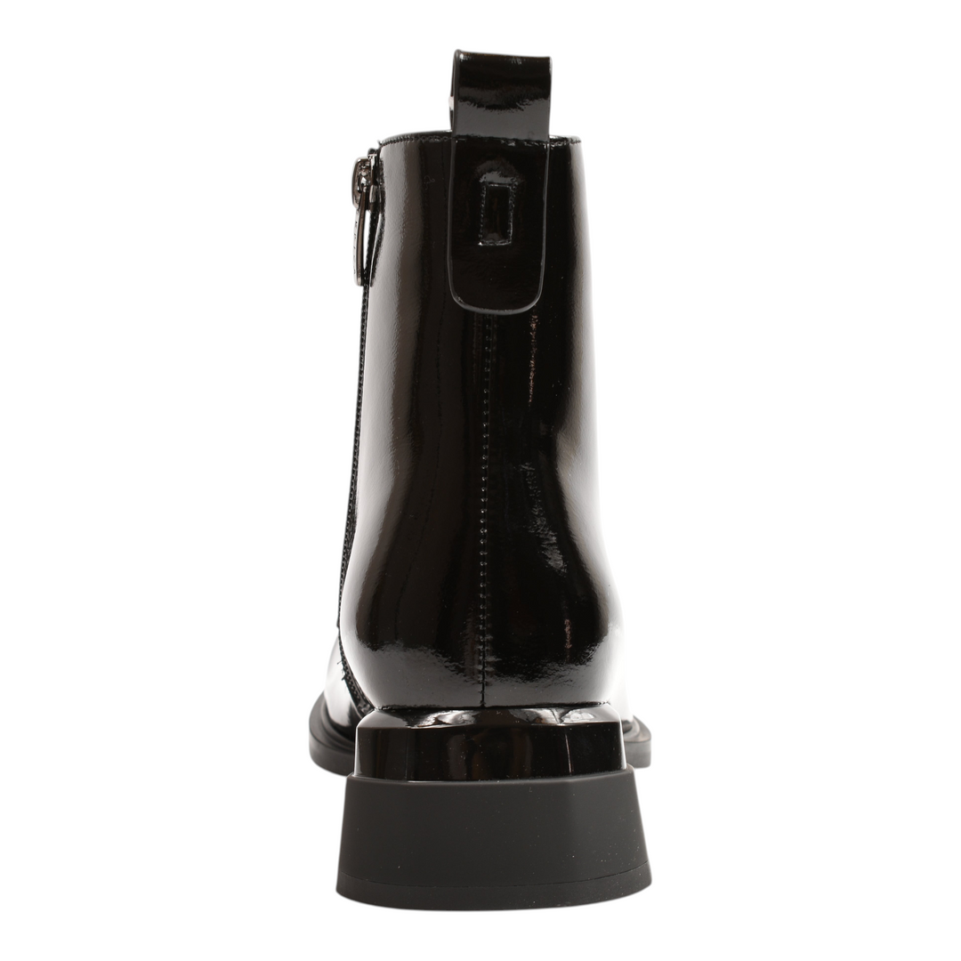 Back view of black patent leather Epica ankle boots with a geometric block heel and side zipper, from ada-shoes.ro