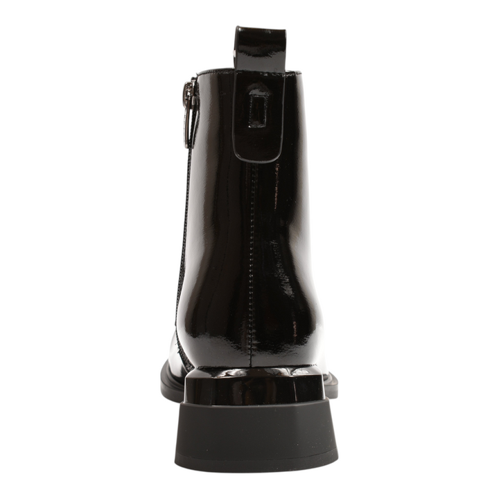 Back view of black patent leather Epica ankle boots with a geometric block heel and side zipper, from ada-shoes.ro