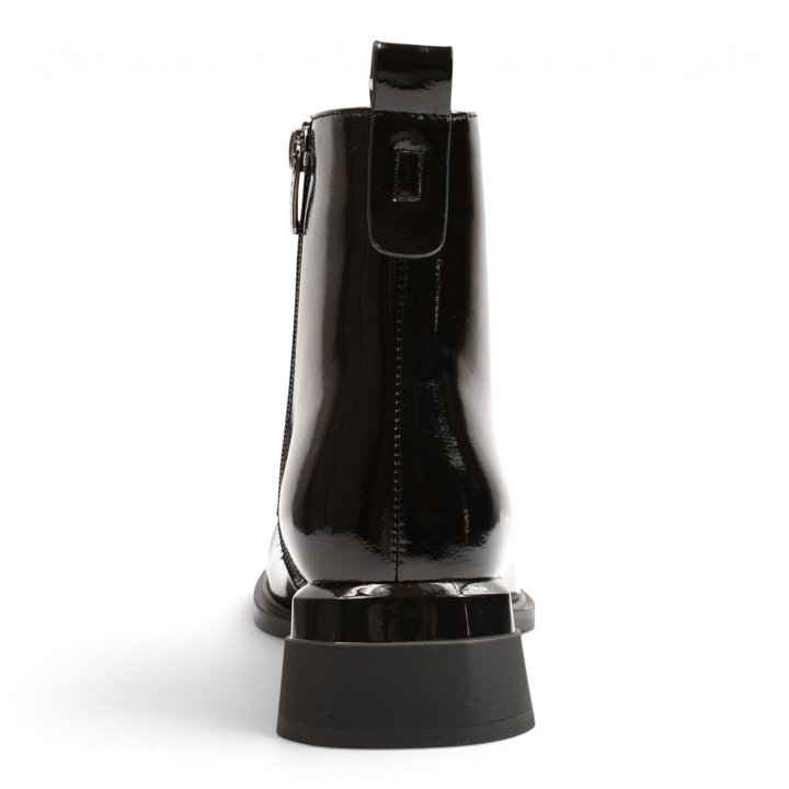 Back view of black patent leather Epica ankle boots with a geometric block heel and side zipper, from ada-shoes.ro