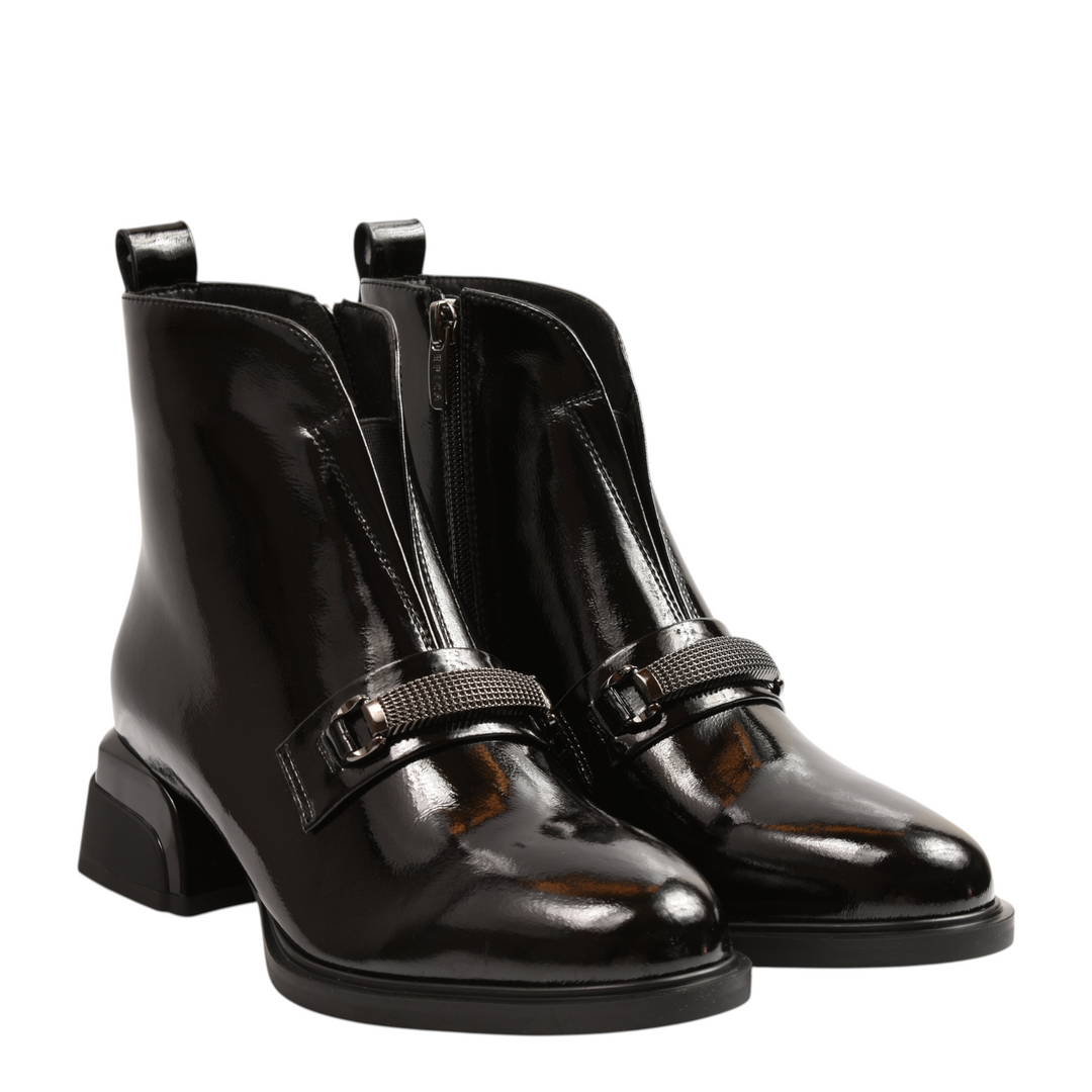 ada-shoes.ro Epica black patent leather ankle boots with a decorative gunmetal buckle and geometric block heel.