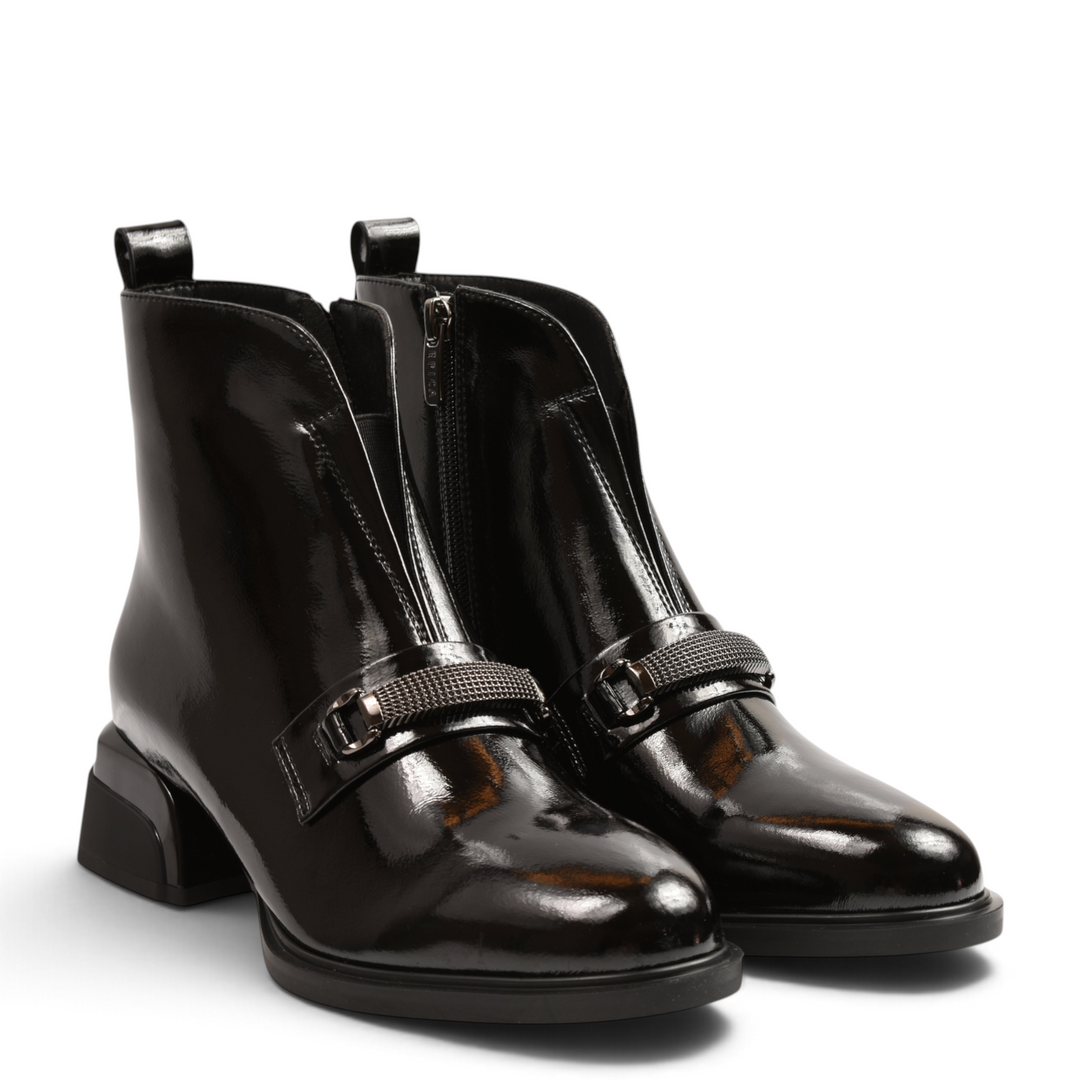 ada-shoes.ro Epica black patent leather ankle boots with a decorative gunmetal buckle and geometric block heel.