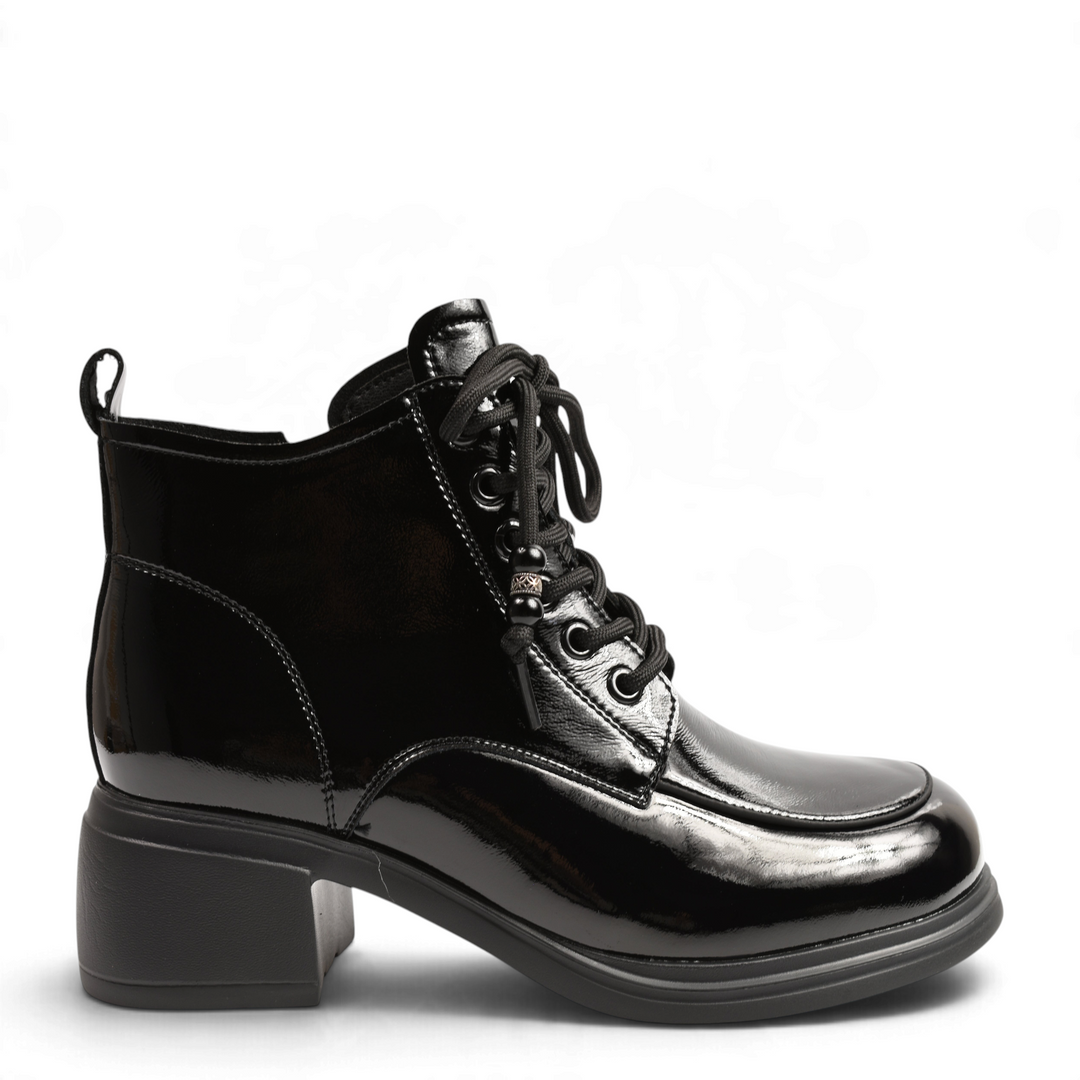 ada-shoes.ro black patent leather ankle boots with block heel, lace-up front, and decorative bead details