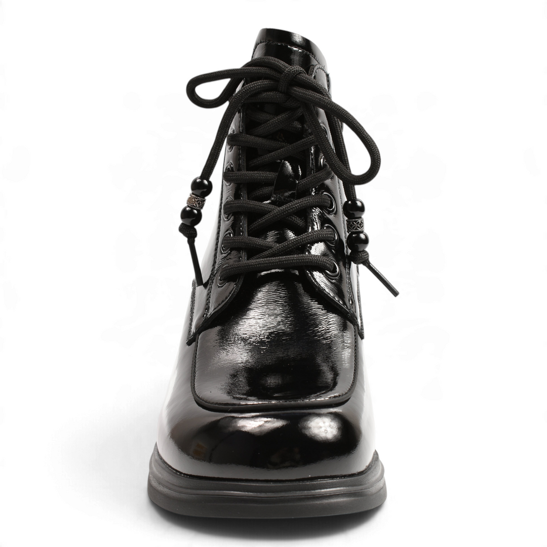 ada-shoes.ro Anna Viotti black patent leather ankle boots with front laces and decorative bead accents