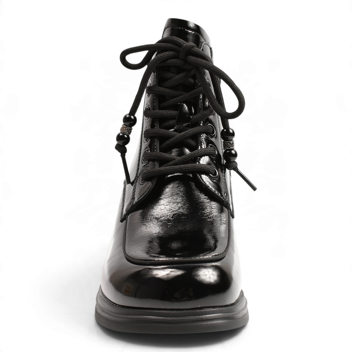 ada-shoes.ro Anna Viotti black patent leather ankle boots with front laces and decorative bead accents