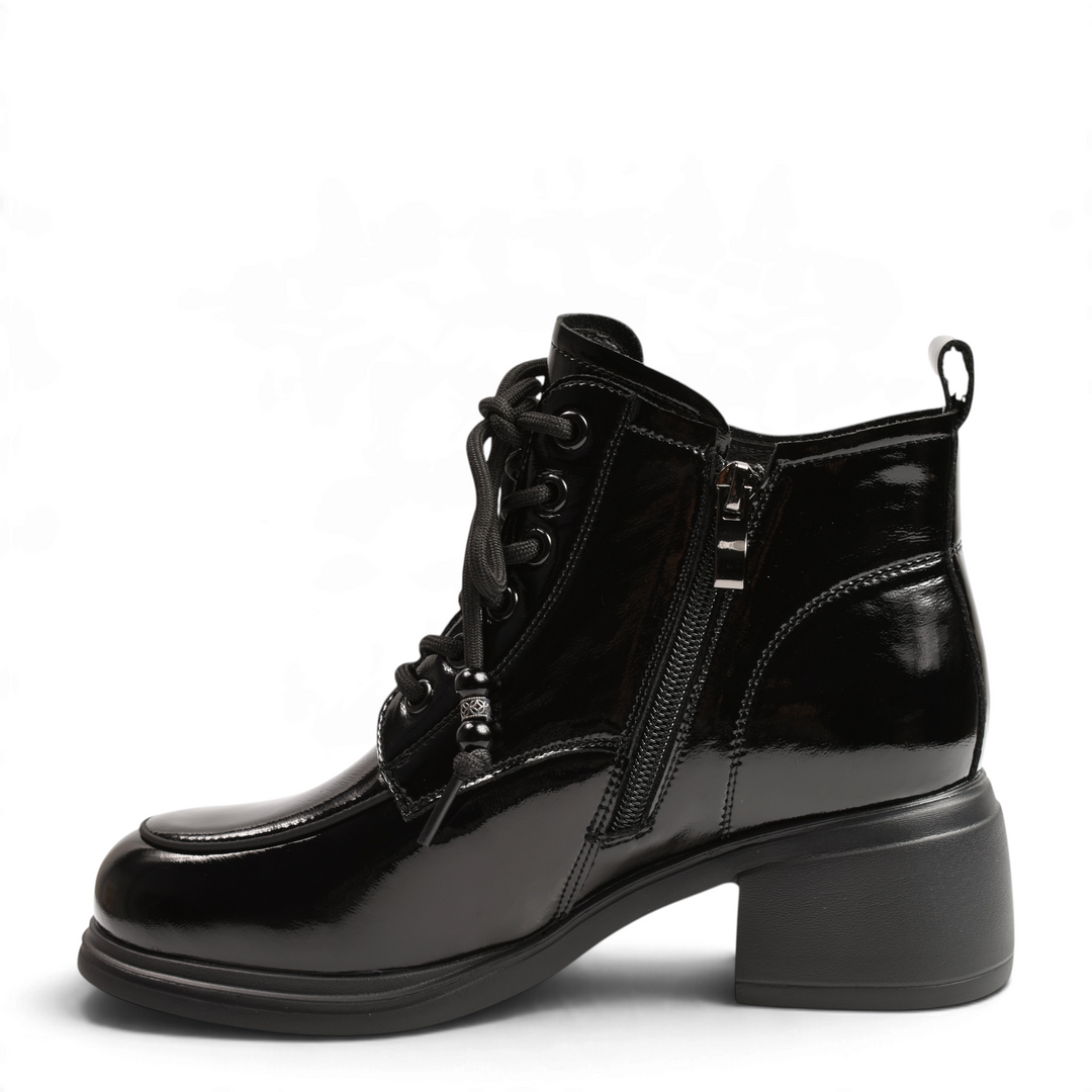 ada-shoes.ro Anna Viotti black patent leather ankle boots with block heel, side zipper, and decorative lace beads