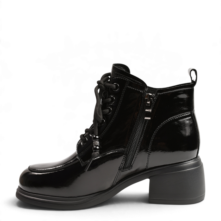 ada-shoes.ro Anna Viotti black patent leather ankle boots with block heel, side zipper, and decorative lace beads