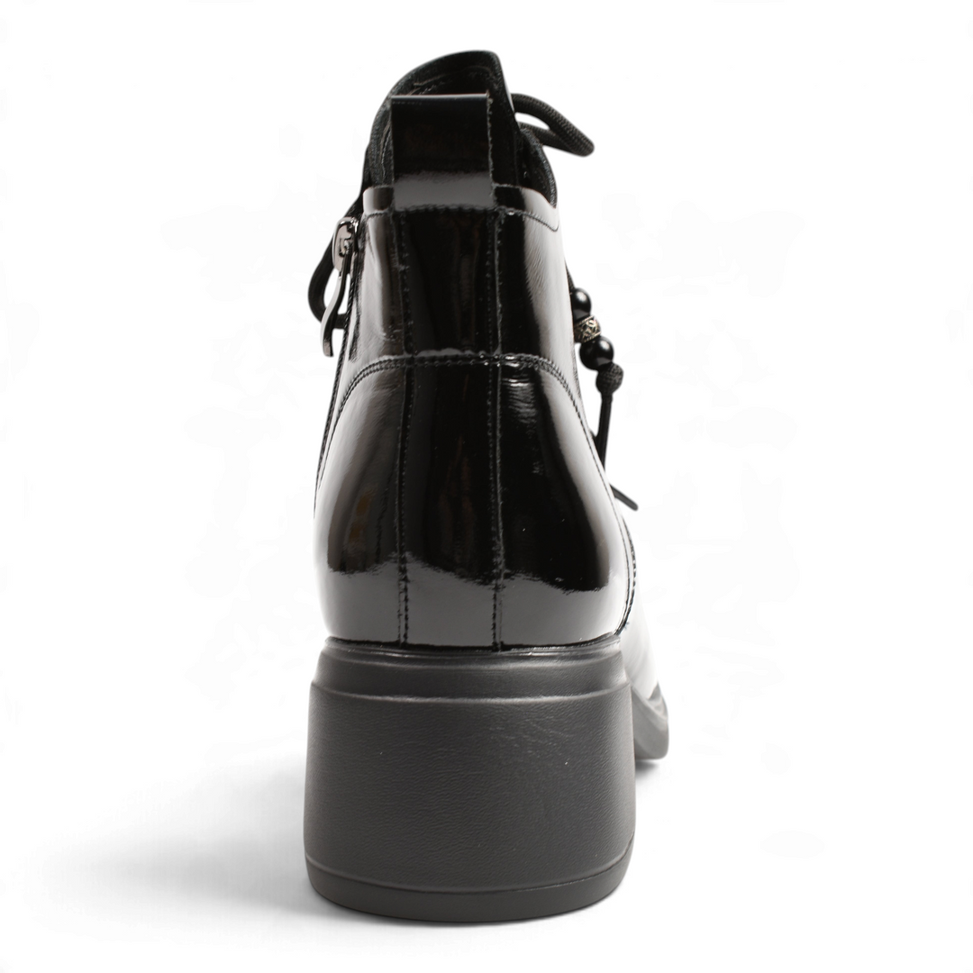 ada-shoes.ro black patent leather ankle boots with a chunky block heel and back view detail