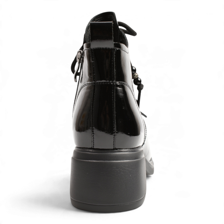 ada-shoes.ro black patent leather ankle boots with a chunky block heel and back view detail