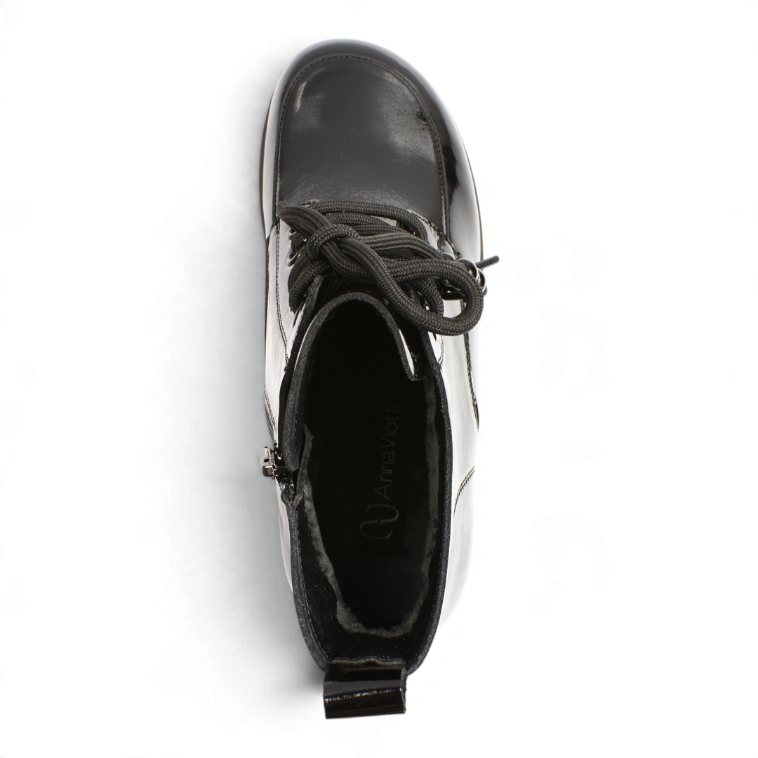 ada-shoes.ro Anna Viotti black patent leather ankle boots with lace-up front and side zipper, top-down view