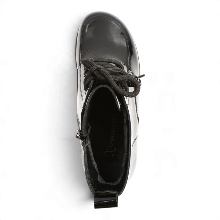 ada-shoes.ro Anna Viotti black patent leather ankle boots with lace-up front and side zipper, top-down view