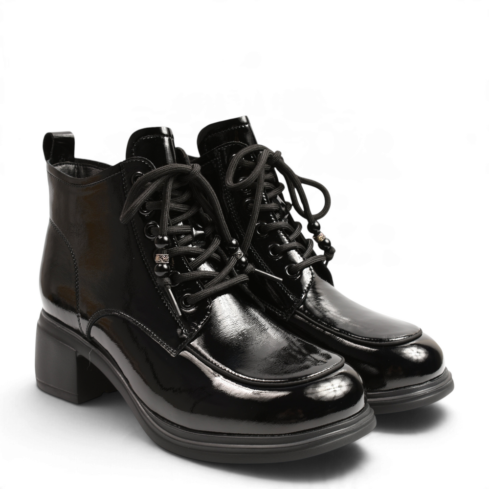 ada-shoes.ro black patent leather ankle boots with block heels, lace-up front, and decorative bead details.