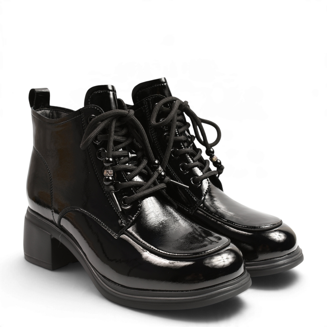 ada-shoes.ro black patent leather ankle boots with block heels, lace-up front, and decorative bead details.