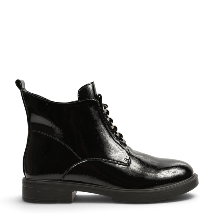 ada-shoes.ro black patent leather ankle boots with metallic front detail and side zipper for women