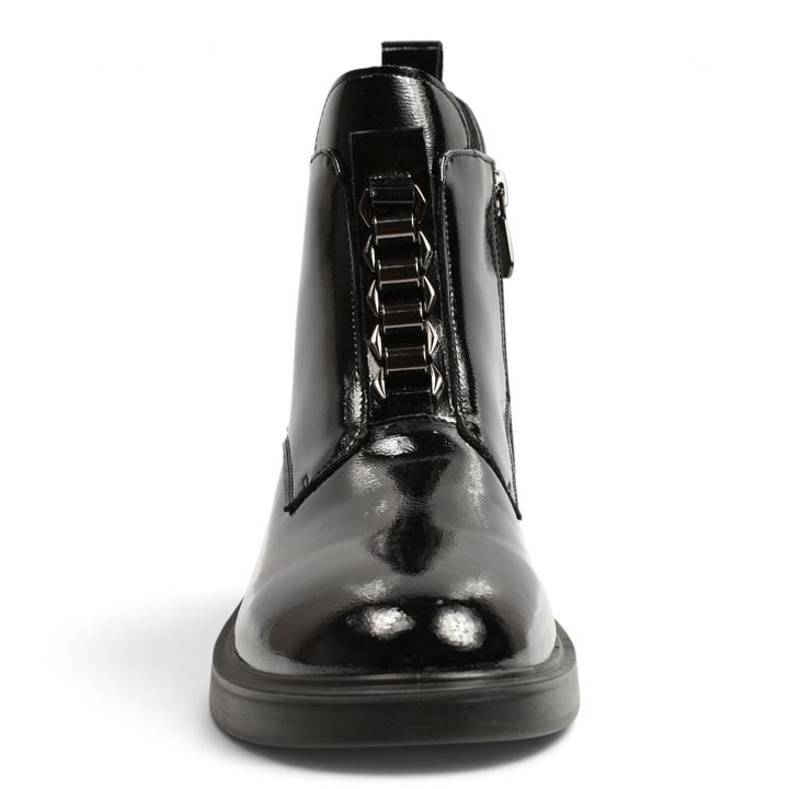 ada-shoes.ro black patent leather ankle boots with metallic front detail and side zipper for women