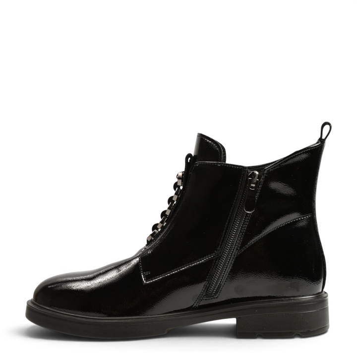 ada-shoes.ro black patent leather ankle boots with side zipper and decorative metallic front detail