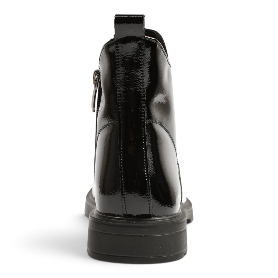Rear view of black patent leather ankle boots from ada-shoes.ro featuring a side zipper and a low, stable heel.