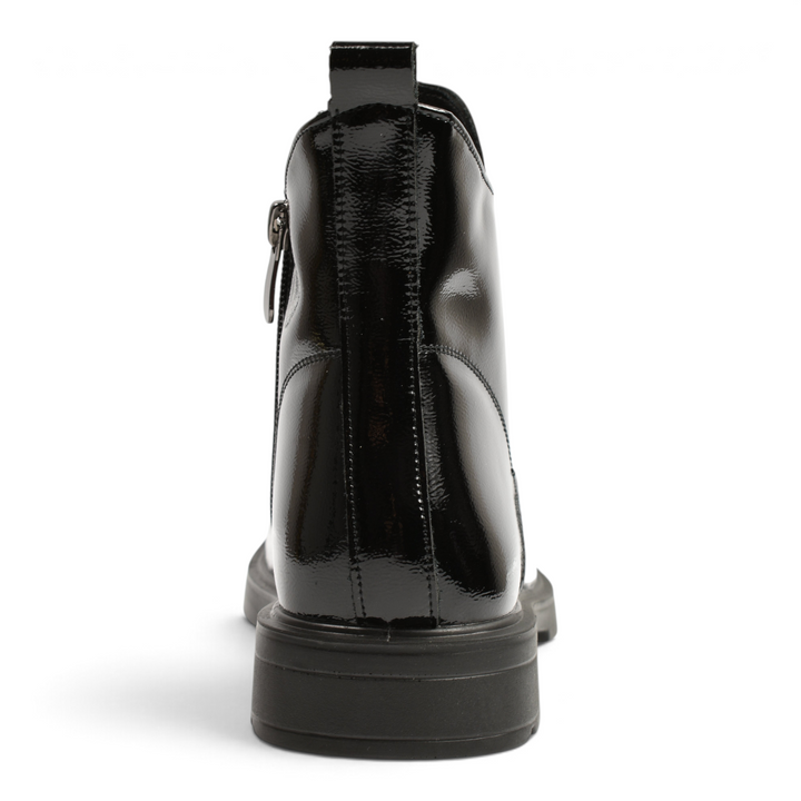 Rear view of black patent leather ankle boots from ada-shoes.ro featuring a side zipper and a low, stable heel.