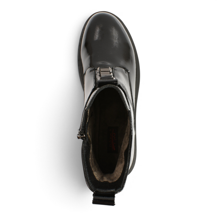 Top view of black patent leather Ada Shoes HJ90014B-N ankle boots with metallic front detail and side zipper.