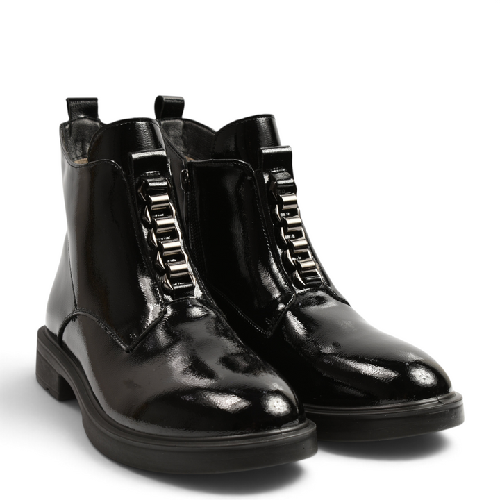 ada-shoes.ro black patent leather ankle boots with metallic front trim and low block heel for women