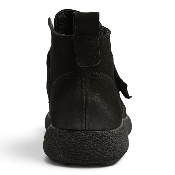 ada-shoes.ro black nubuck leather casual ankle boots with a thick textured sole and rear pull tab, back view