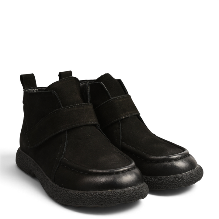 ada-shoes.ro black nubuck leather casual ankle boots with velcro strap closure and thick textured sole