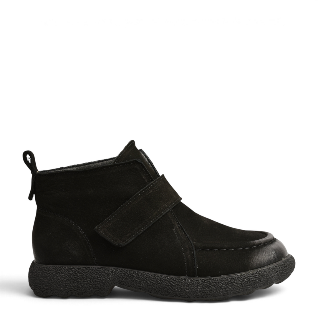 ada-shoes.ro black nubuck leather casual ankle boots with velcro strap closure and thick textured sole