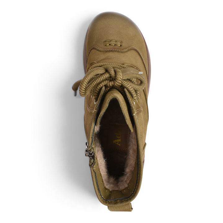ada-shoes.ro khaki nubuck leather ankle boots with thick laces, side zipper, and warm lining, top-down view