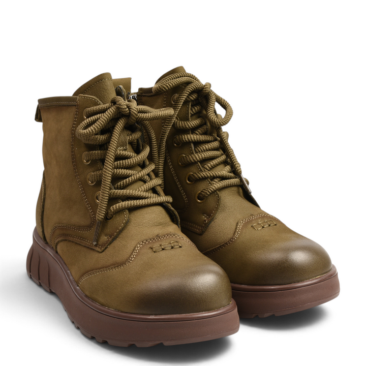 ada-shoes.ro khaki nubuck leather boots with thick laces, side zipper, and brown lug sole for a rugged urban style.