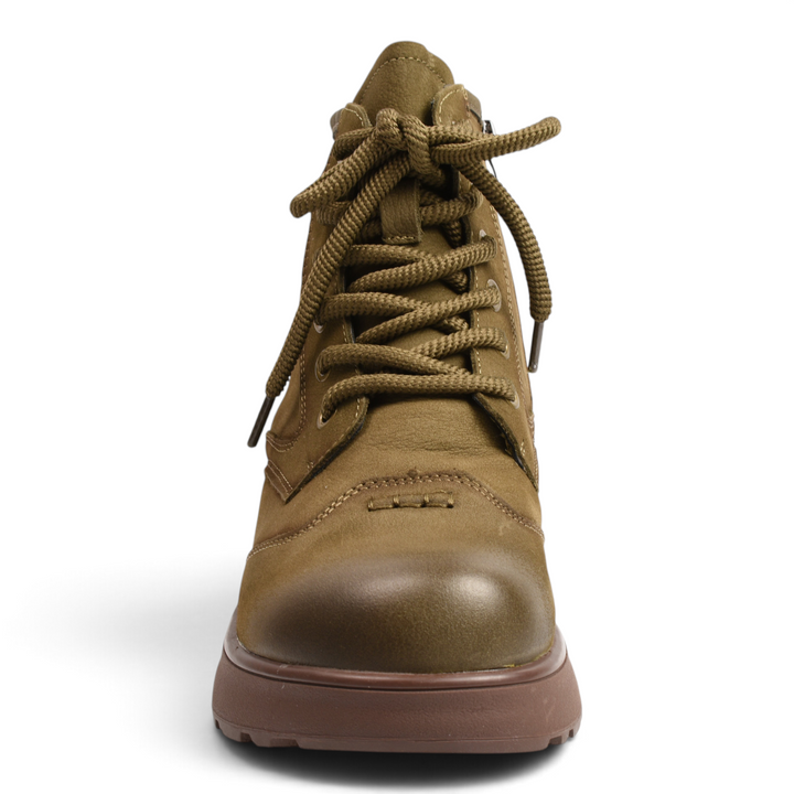 ada-shoes.ro khaki nubuck leather ankle boots with thick laces and brown lug sole, front view