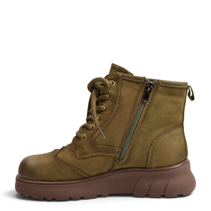 ada-shoes.ro khaki nubuck leather ankle boots with side zipper, thick brown sole, and lace-up closure
