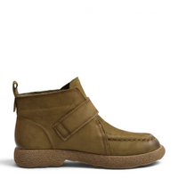 ada-shoes.ro khaki nubuck leather casual ankle boots with velcro strap and thick textured sole, side view