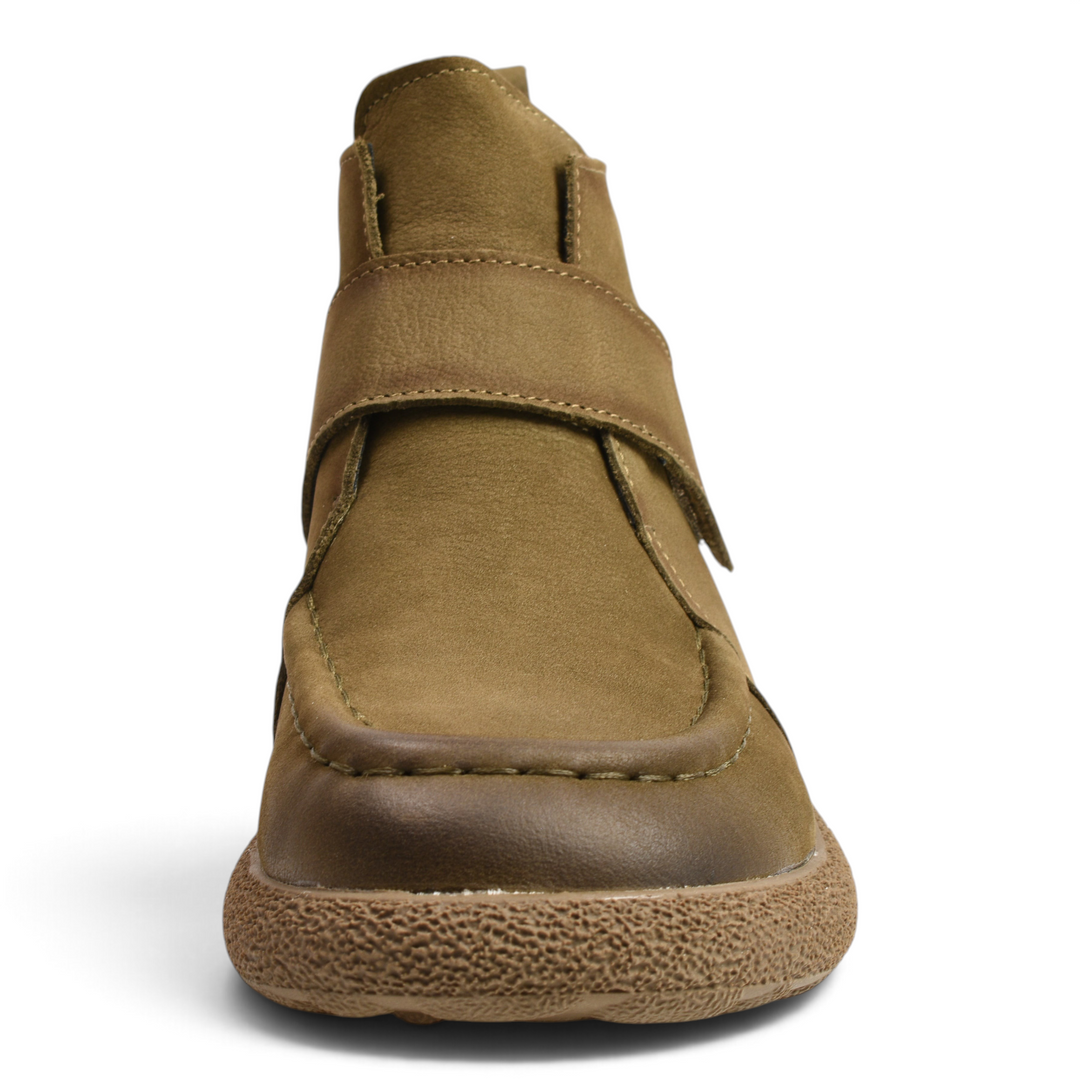 ada-shoes.ro khaki nubuck leather casual ankle boots with velcro strap and thick textured sole, front view