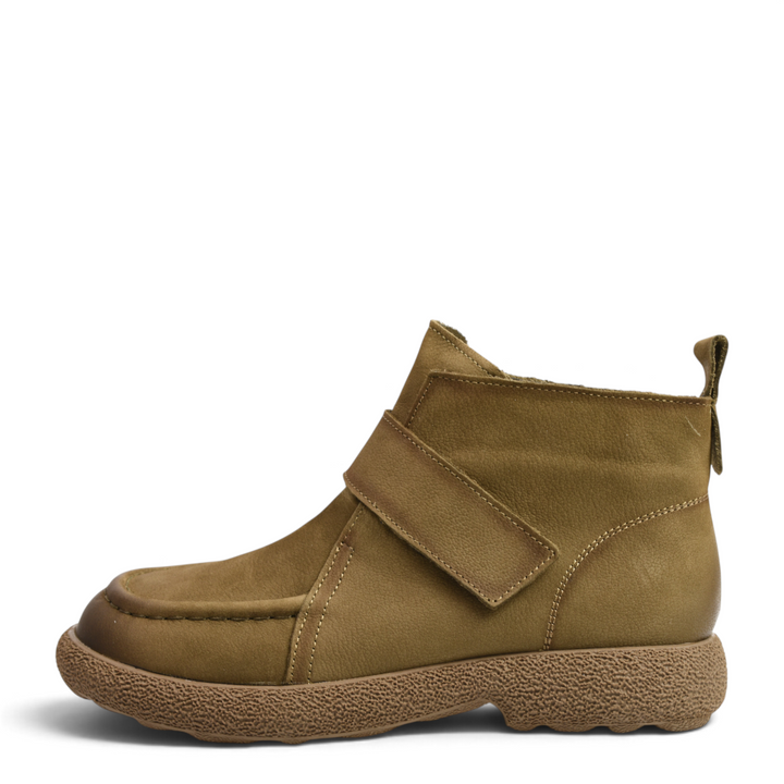 ada-shoes.ro khaki nubuck leather casual ankle boots with velcro strap and thick textured sole, side view