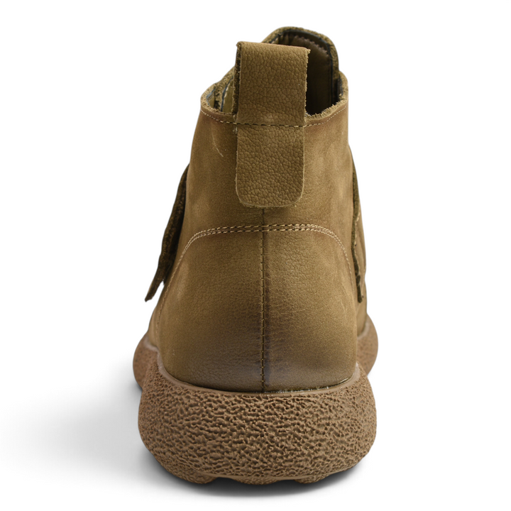 Back view of ada-shoes.ro khaki nubuck leather casual ankle boots with a thick textured sole and pull tab.