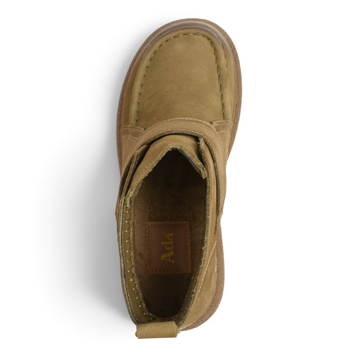 Top view of ada-shoes.ro khaki nubuck leather casual ankle boots with a velcro strap and thick textured sole.