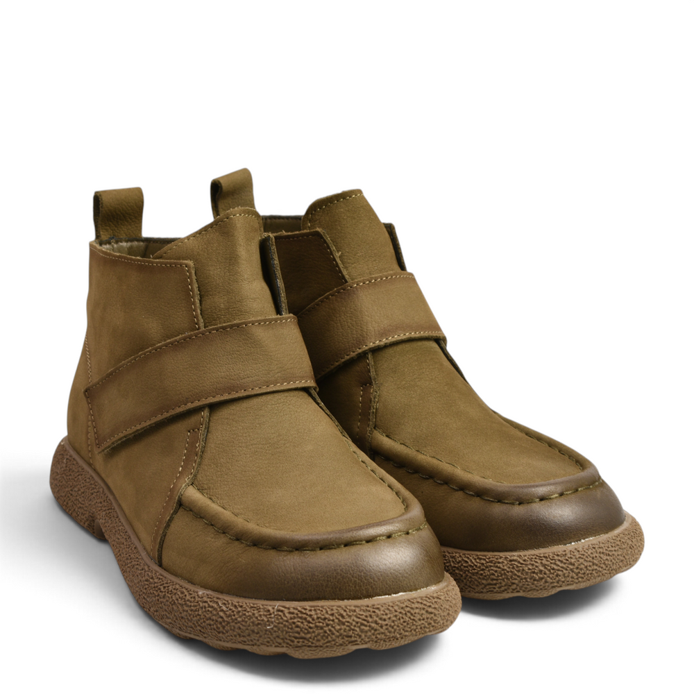 ada-shoes.ro khaki nubuck leather casual ankle boots with velcro strap and moccasin-style stitching